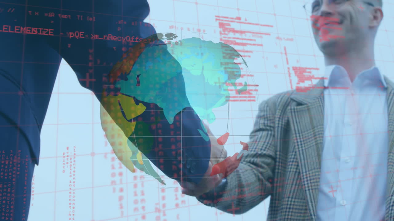 globo giratorio y procesamiento de datos en la sección media de dos hombres de negocios que se dan la mano en la pista del aeropuerto