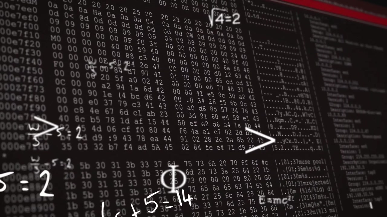 Red bar flickering triggers terminal scrolling hex as math symbols highlighting bytes for decoding