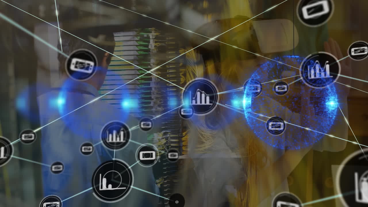 animación de la red de conexiones sobre el trabajador de almacén caucásico masculino.