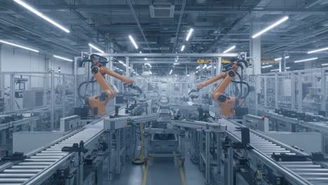 high-tech manufacturing environment featuring advanced robotic arms collaborating on an automated production line for efficient industrial operations