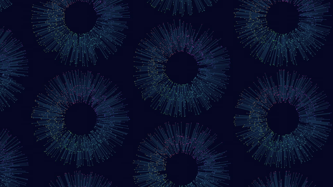 A colorful abstract art piece made of blue and purple circles and zigzag lines, creating an intricate and captivating pattern on a flat surface