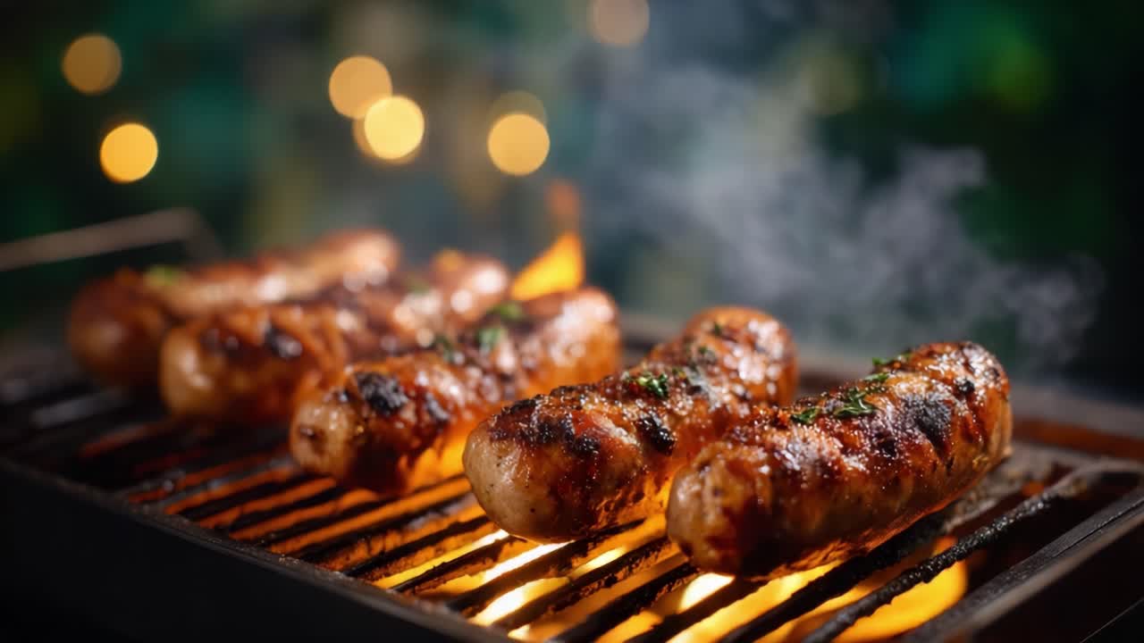 Deliziose salsicce alla griglia su un barbecue con fumo e fiamme, che catturano la perfezione sfrigolante della cottura all'aperto in un'invitante atmosfera serale.
