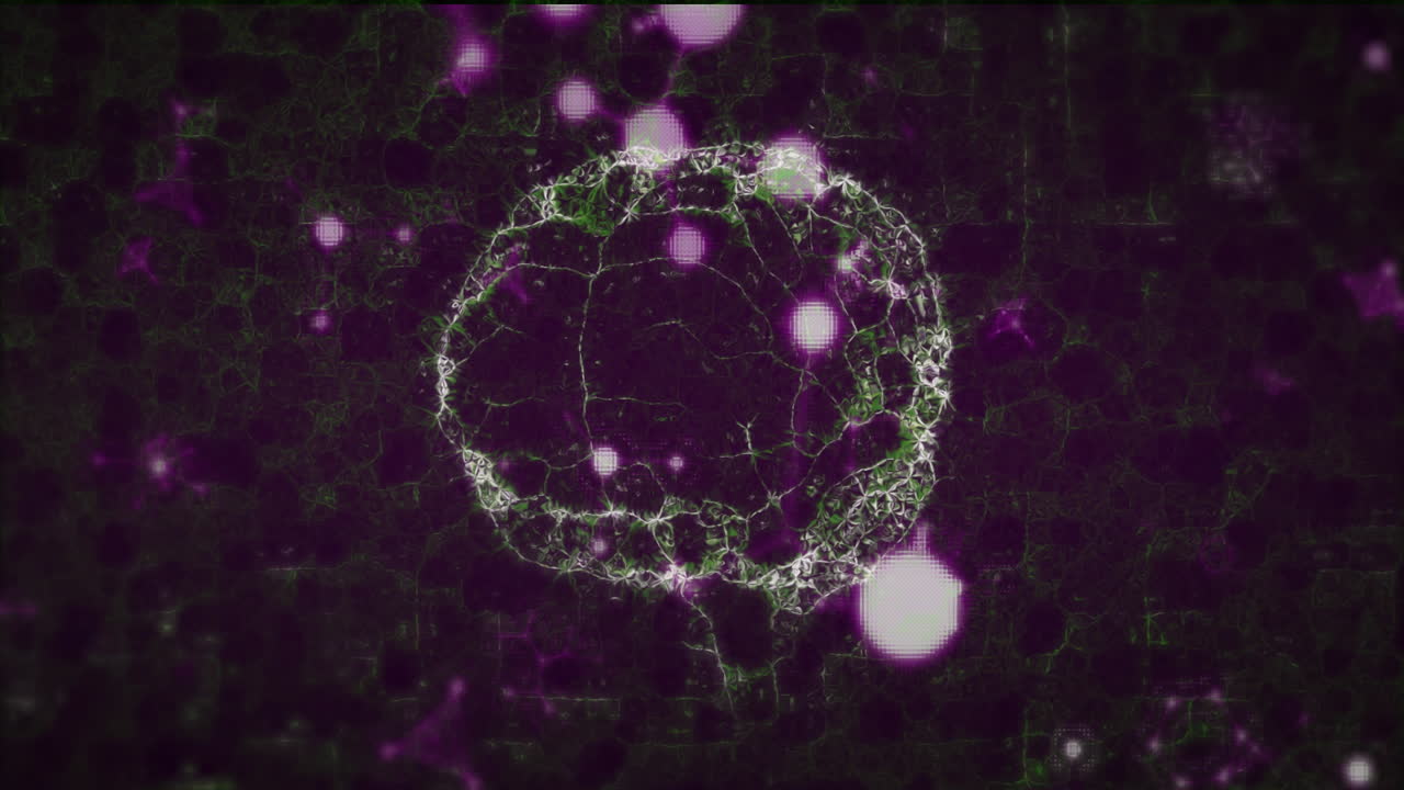 Fractal glowing circle being rendered and rotating in dark grid, with floating purple light orbs