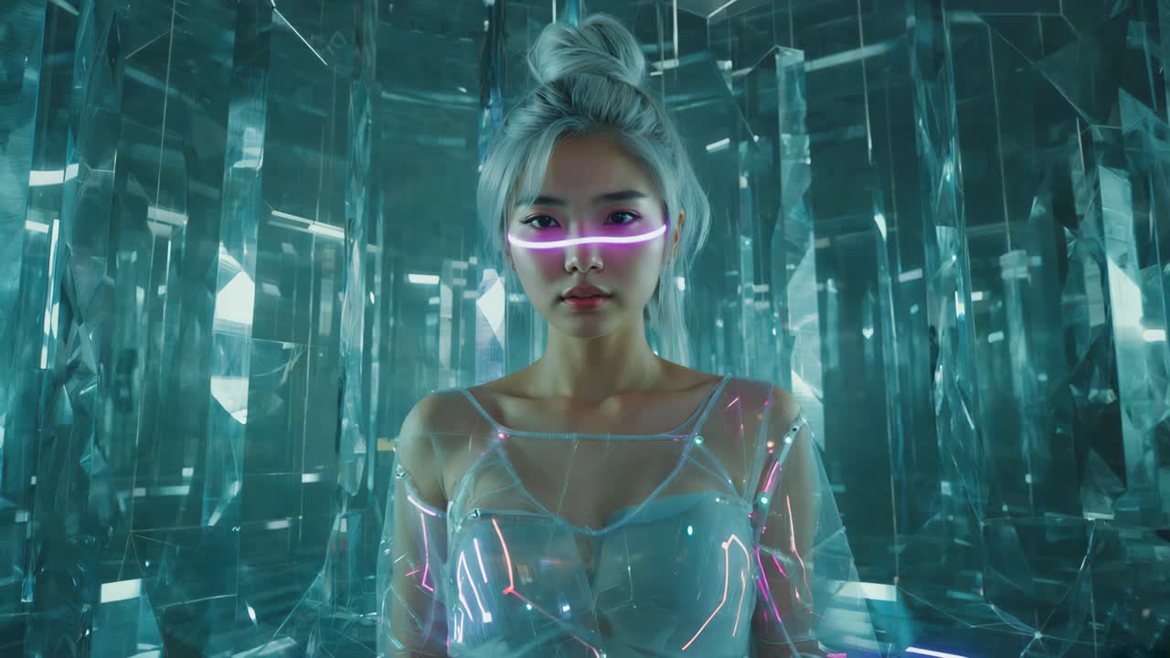 Futuristic Woman with Neon Visor in a Cyber Environment
