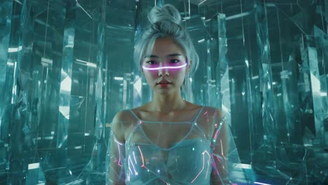futuristic woman with neon visor in a cyber environment