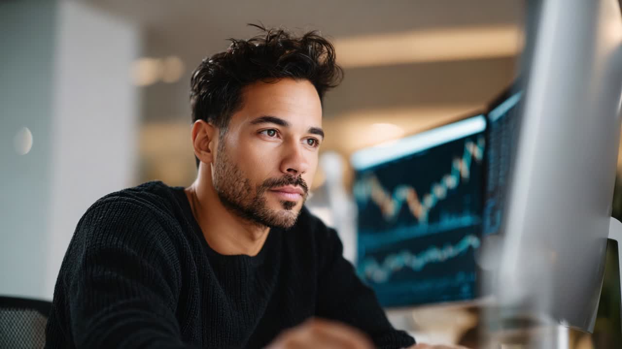 Focused Professional Analyzing Financial Data on Computer Screen with Stock Charts and Graphs, Demonstrating Modern Work Environment for Business Analysts and Financial Experts