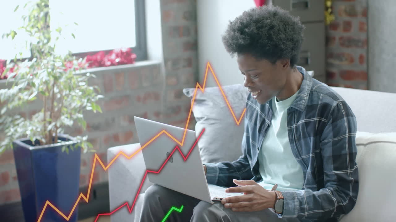 Animation of financial data processing over african american businessman in office