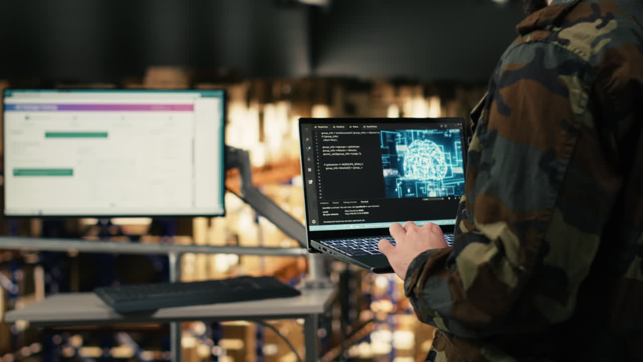 Programmer Typing Code on Laptop in Server Room