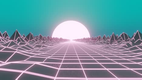 puesta de sol de bucle sin costuras, cuadrícula de neón en el terreno y las montañas. paisaje de ondas retro sin fin. sol brillante por encima del horizonte de neón. vintage 80s, 90s.