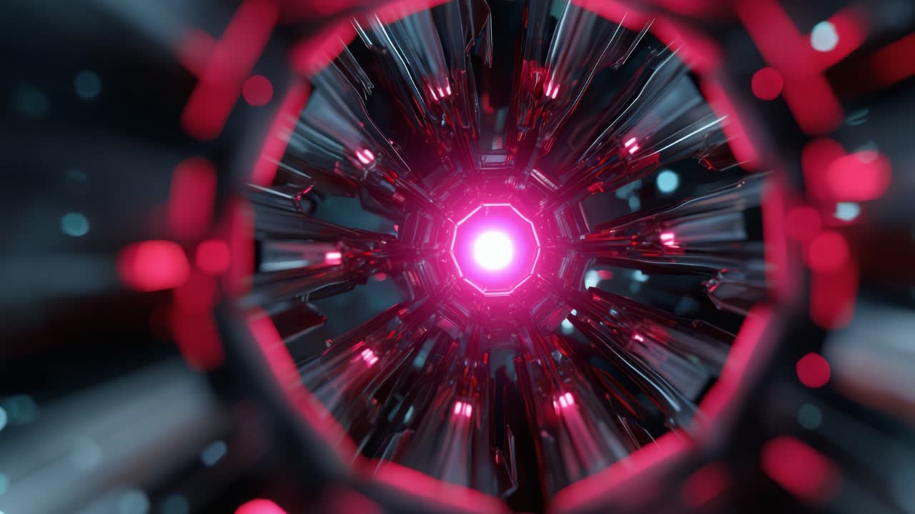 Luce eterea all'interno: esplorando le profondità di un costrutto tecnologico futuristico con un nucleo radioso che pulsa in un ambiente rosso e blu scintillante.