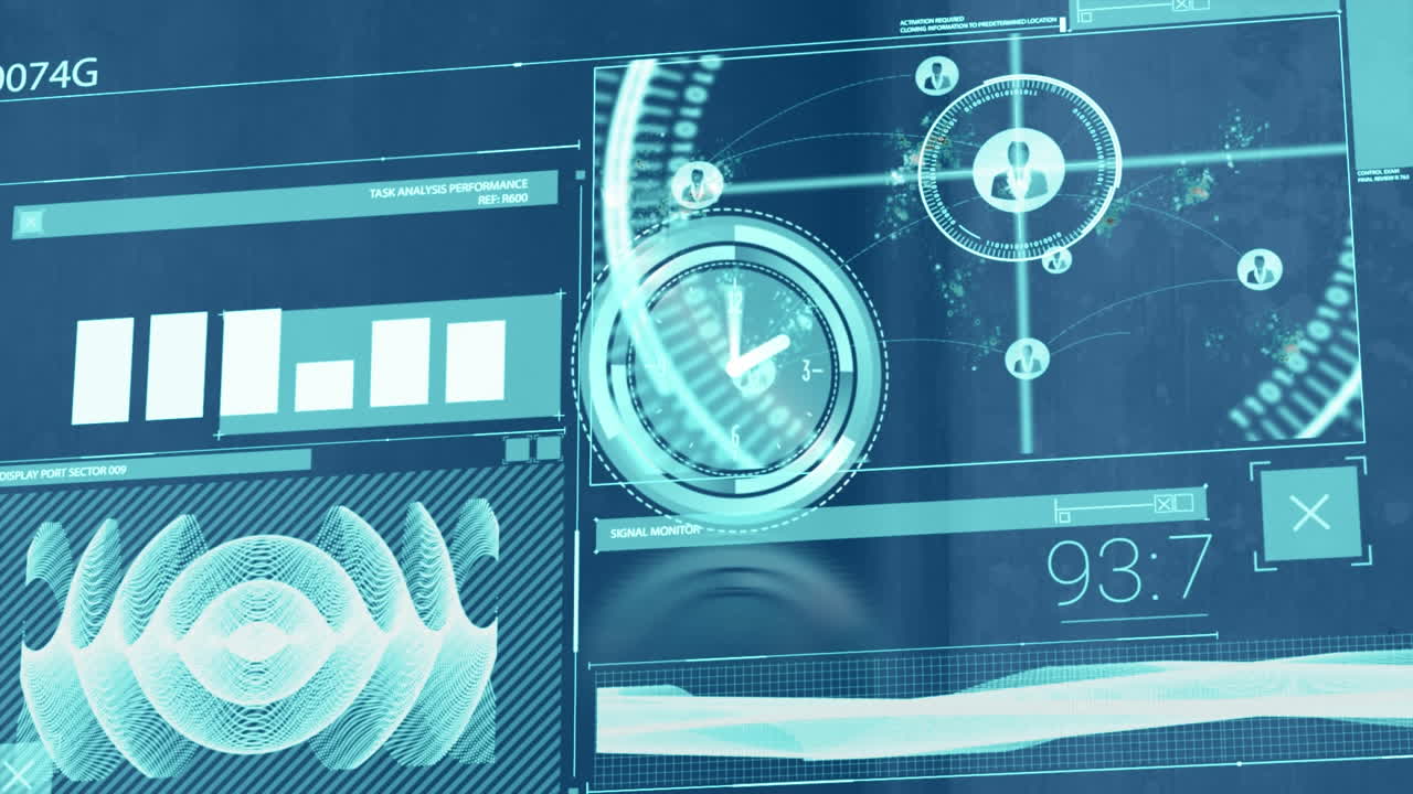 Animation of digital clock over graphs, profile icons, soundwaves, numbers on abstract background