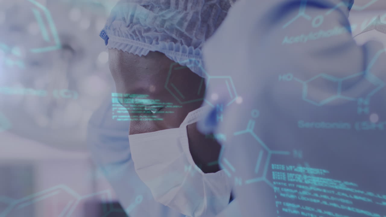 animación de procesamiento de datos médicos sobre un cirujano afroamericano que se pone una máscara facial
