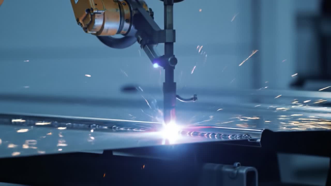 Advanced Robotic Welding Process Executing Precision Metal Joinery with Sparks and Bright Arc, Showcasing Modern Automation in Industrial Fabrication