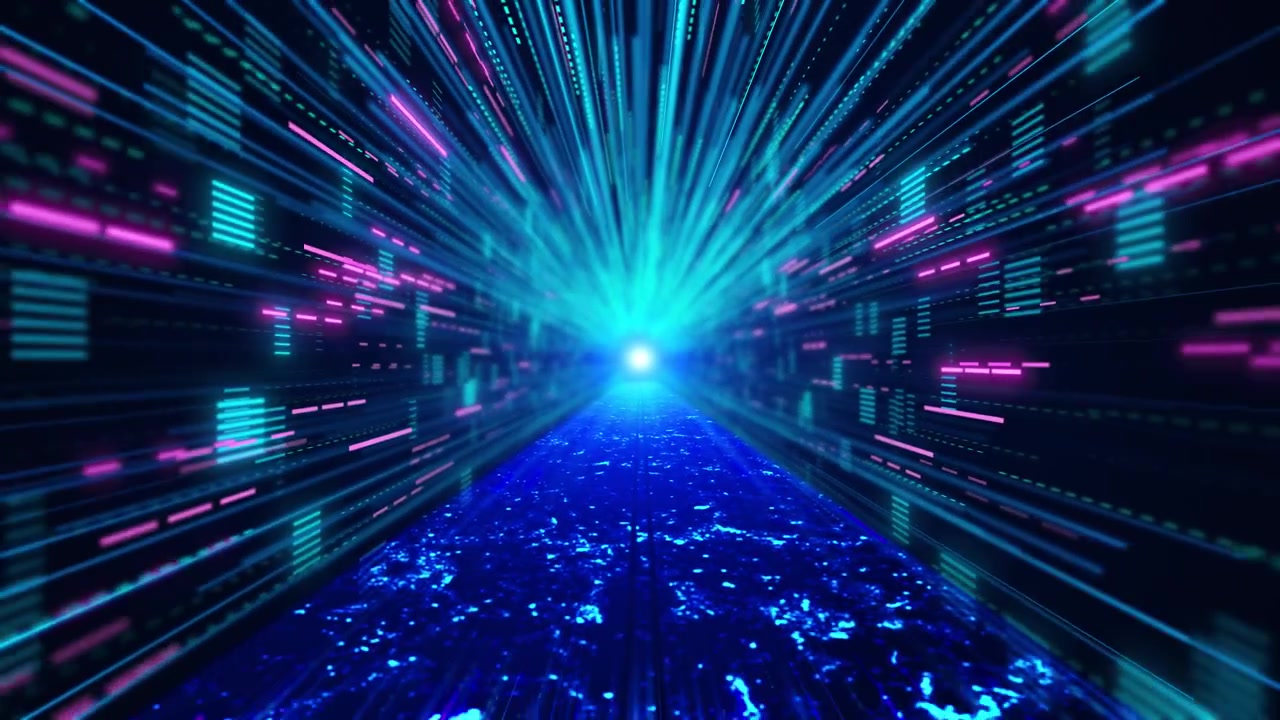 Blue pink cyber speed corridor with rapid light trails digital wall patterns and bright horizon glow