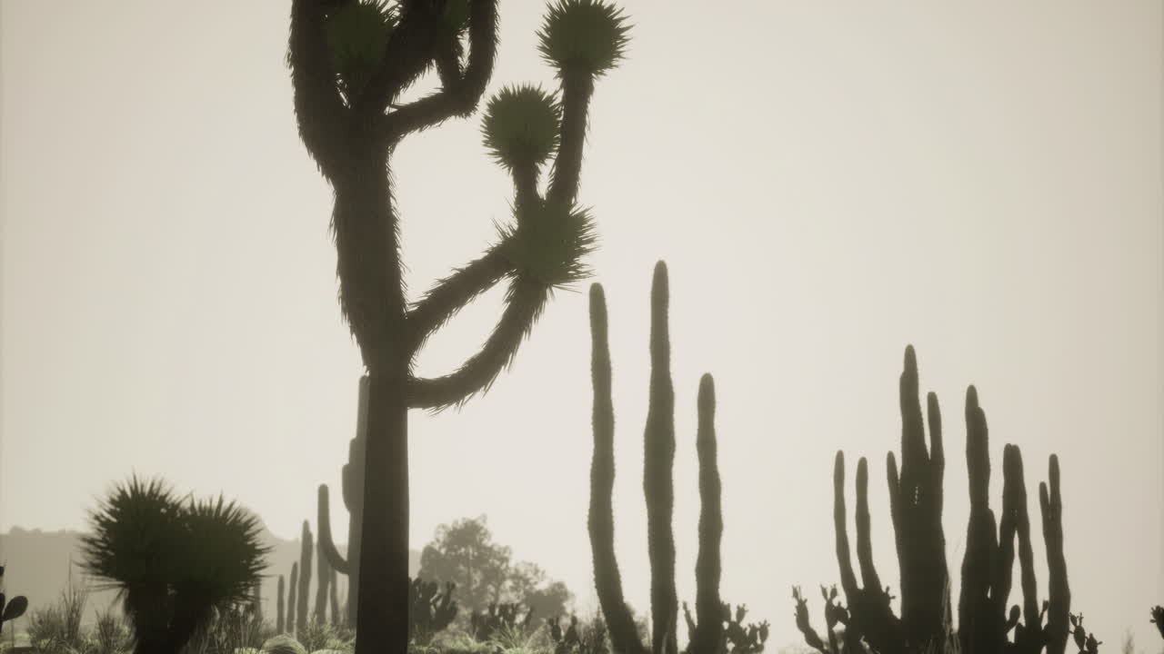 Cacti silhouetted against bright sky in desert landscape at sunset