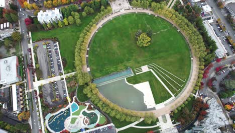 bellevue downtown park aerial drone flight. overhead shot