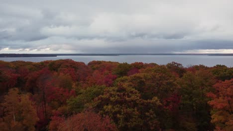 Aerial-drone-shot-passing-over-the-vibrant-autumn-colored-treetops-heading-towards-a-vast-open-lake-on-a-dark-grey-gloomy-day,-Canada