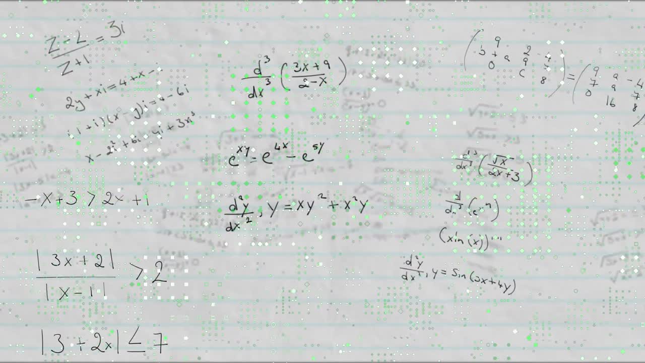 animación de ecuaciones matemáticas en la pizarra y puntos en el fondo