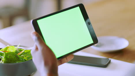 Hands,-tablet-and-green-screen-for-advertising