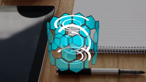 Animation of scope scanning over tablet and notebook on desk
