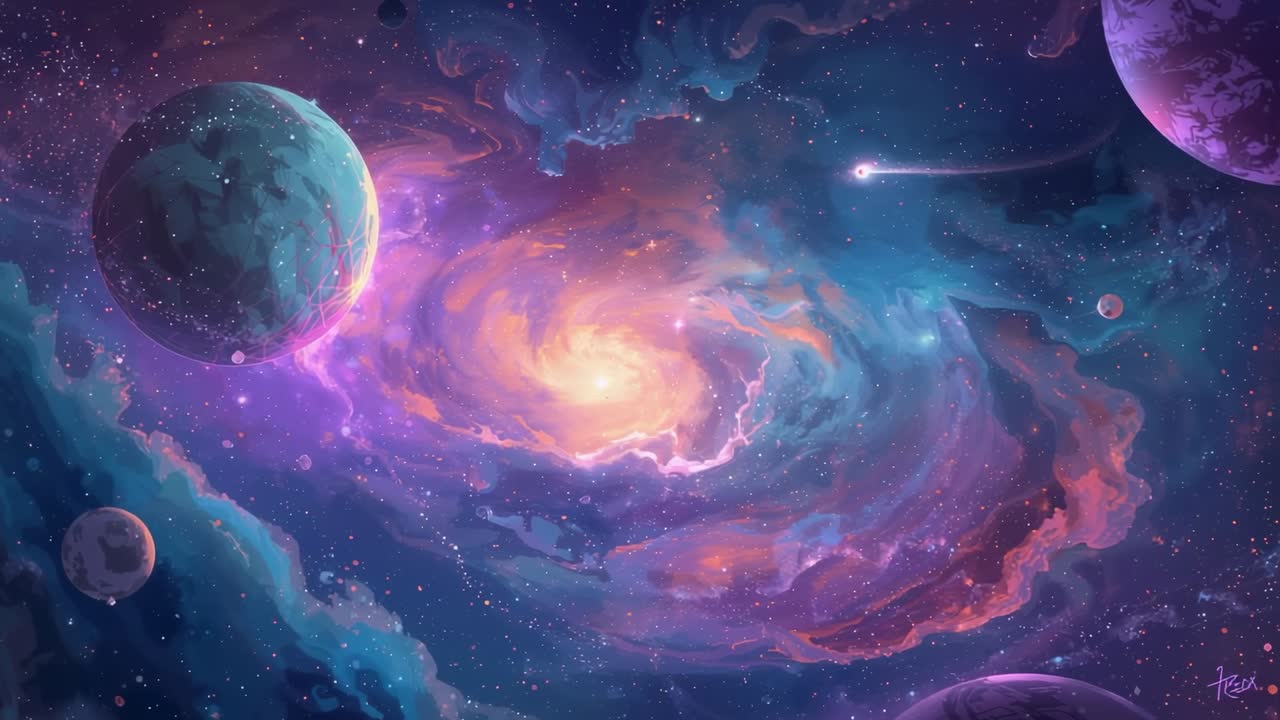 Playback starting, space telescope recording panorama in space, with spiral galaxy and planets