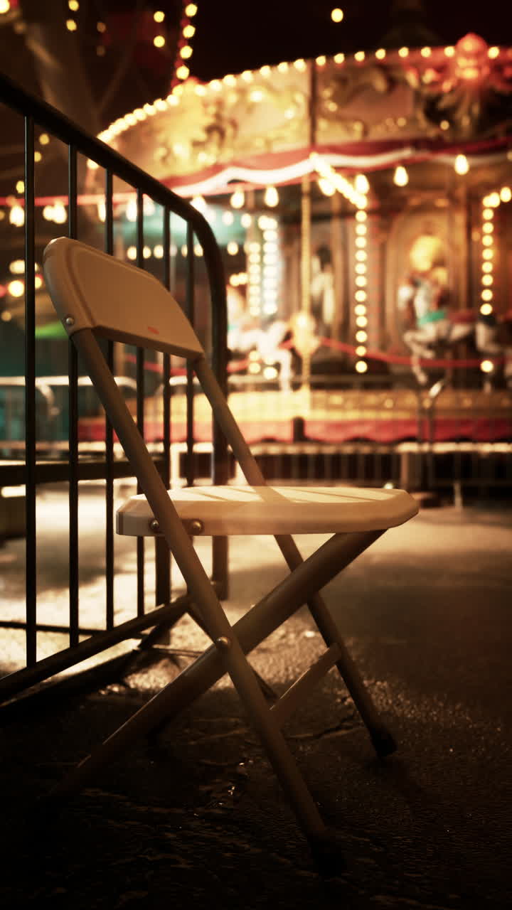 색의 접을 수 있는 의자가 밤에 카루셀 앞에 앉아 있다