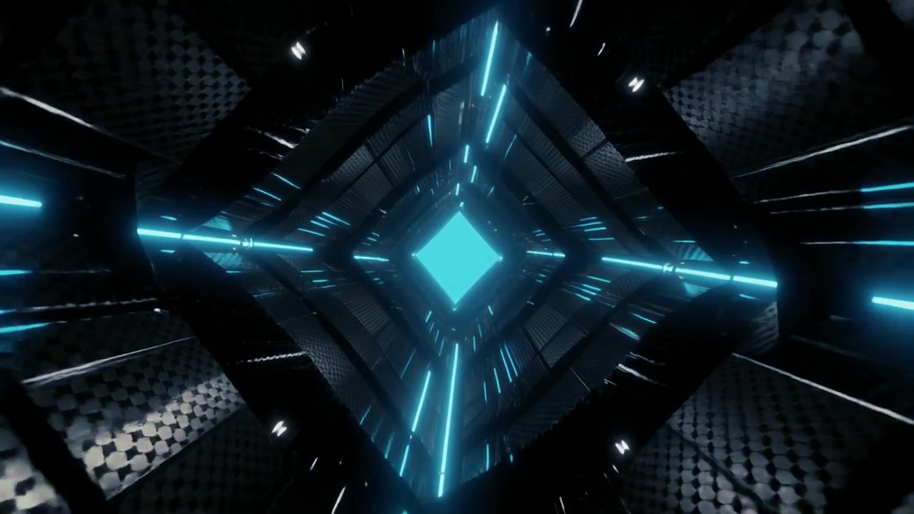 Futuristisk tunnel med glødende blå neonlys og geometriske mønstre