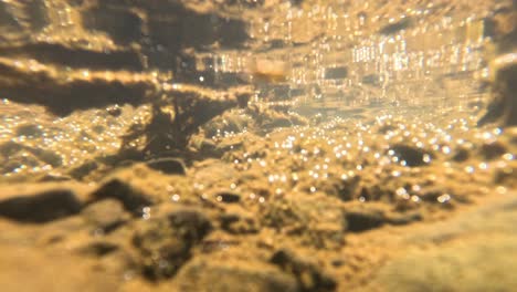 close-up of water flowing over sunlit rocks