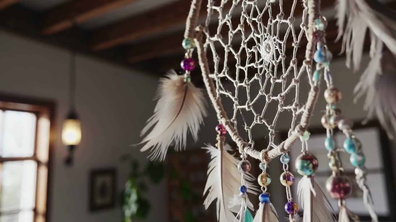 Primer plano de un vídeo de un atrapasueños con plumas y cuentas, colgado en una habitación rústica