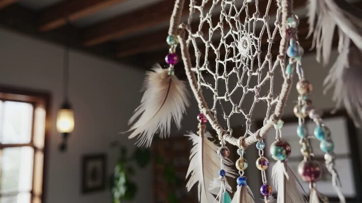 Close-up video shot of a dreamcatcher with feathers and beads, hanging in a rustic room