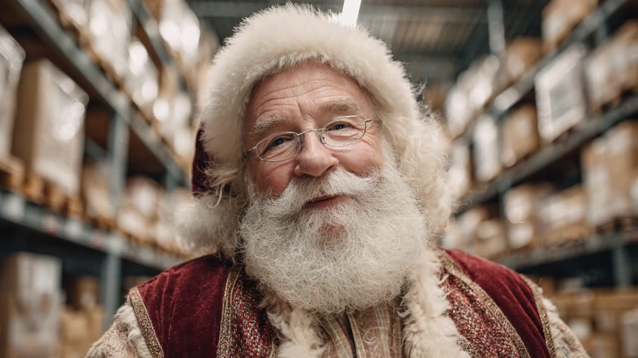 A jolly figure dressed as Santa Claus smiles warmly, capturing the spirit of joy and celebration in a festive storage room filled with numerous gift boxes
