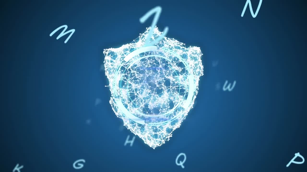 Animation of shield and scope scanning on blue background