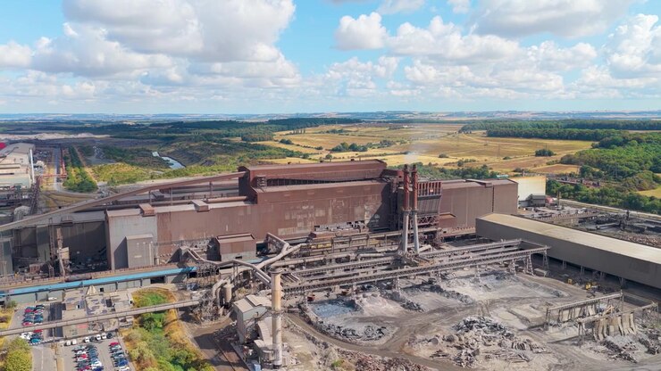 Aerial perspective captures a vast industrial steel production facility under a bright sky with large structures, smoking chimneys, and expansive surrounding fields of greenery.