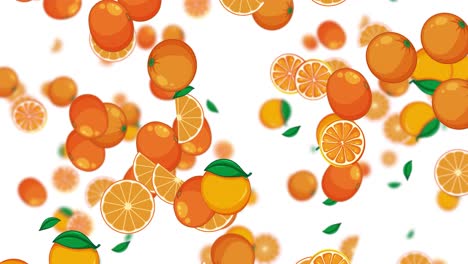 naranjas y rebanadas cayendo sobre un fondo blanco