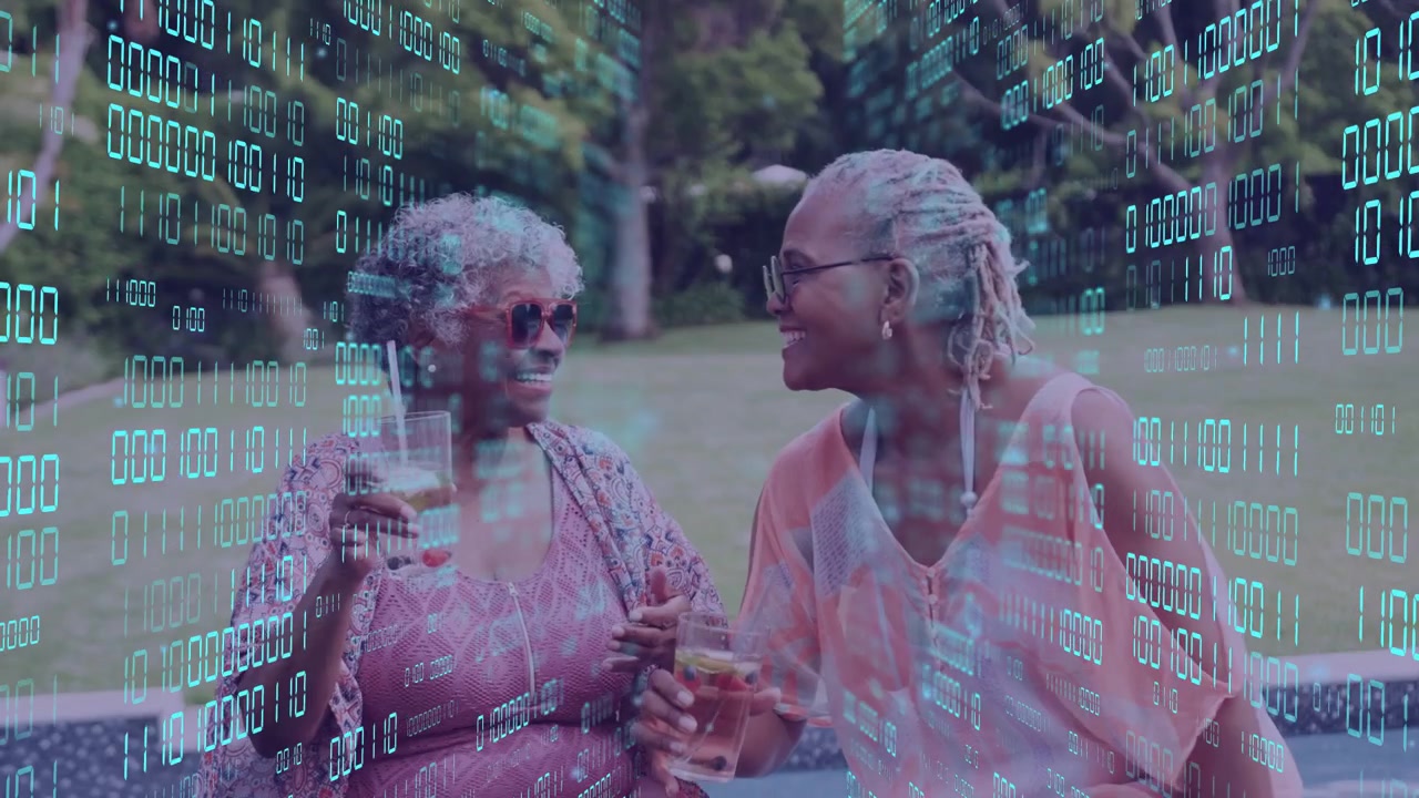 Camera pulling back, senior women practicing yoga poolside for wellness, binary overlay blending