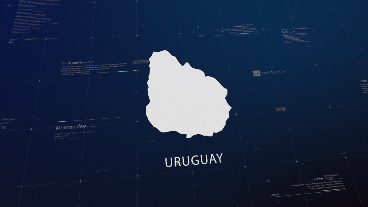 Uruguay country map comes to life with cinematic panning, unveiling key details, the capital, and slogan, providing an engaging background for corporate and commercial use