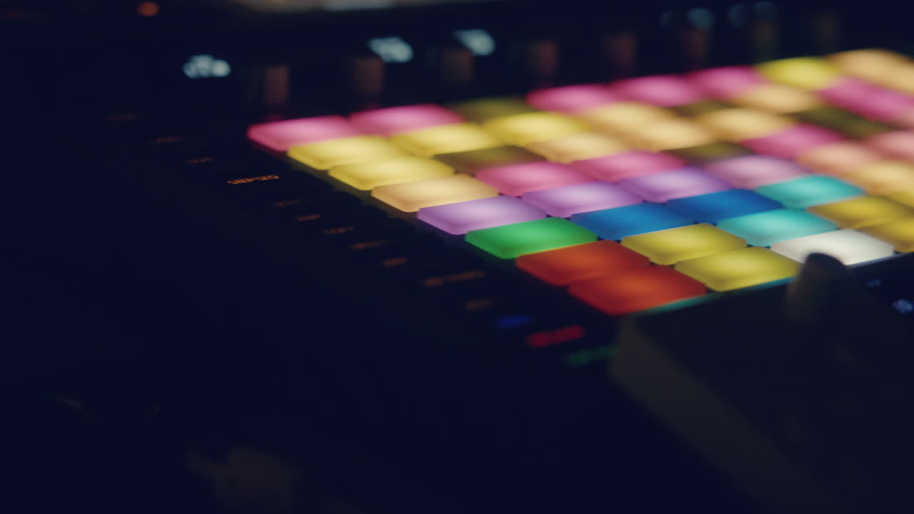 Gros plan sur un contrôleur de production musicale avec des pads lumineux et colorés.