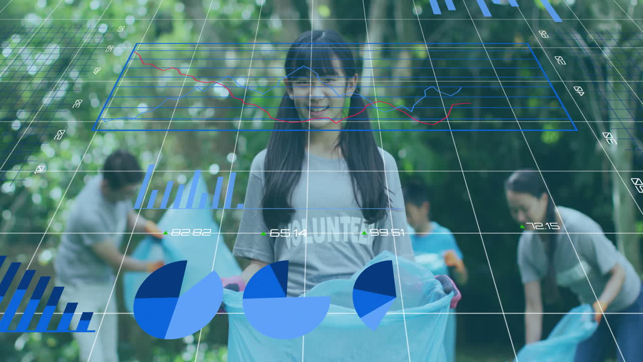 gráficos y gráficos de animación sobre voluntarios que recogen basura en el parque