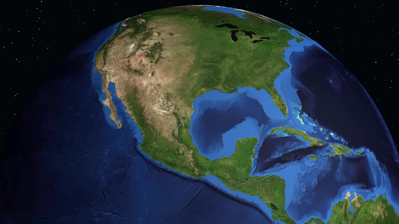 Digital animation zooms from deep space into Earth, pinpointing Matamoros, Mexico with geographic coordinates
