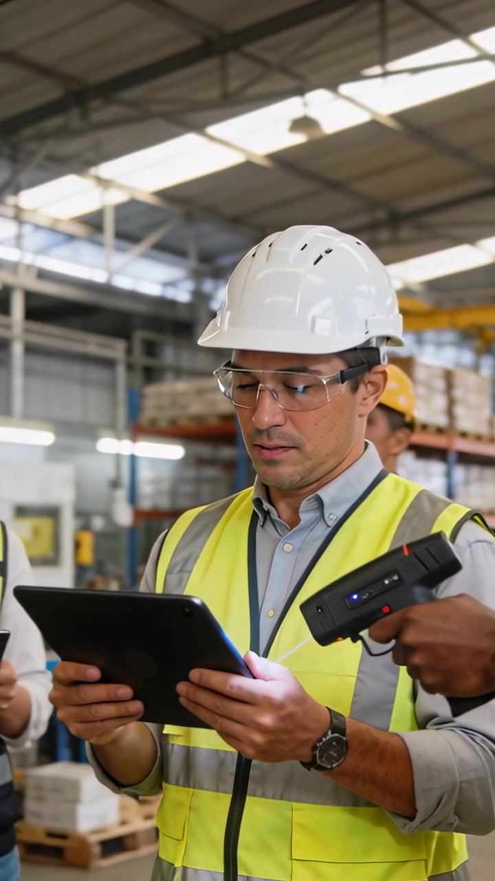 Vertical video: Holding tablet lead in PPE at warehouse watching scanner approaching checking stock