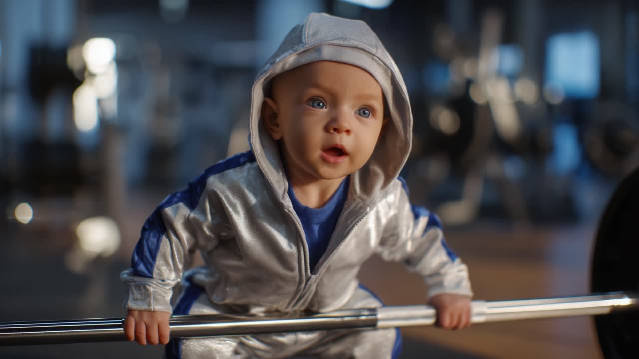 En målrettet baby i sølvfarvet træningsdragt løfter vægte med fokus og charme og udviser styrke og målrettethed i et fitnessmiljø