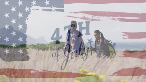 animation of independence day text over smiling diverse couple hiking