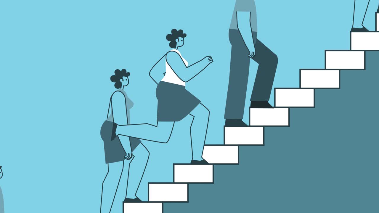 계단을 달리는 여자가 계단을 올라가는 사람들을 추월합니다. 성공과 경력 성장 개념. 평평한 디자인 남자 만화 캐릭터 고립 루프 2d 애니메이션
