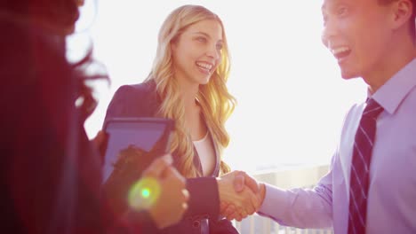 handshake of multi ethnic business people on rooftop