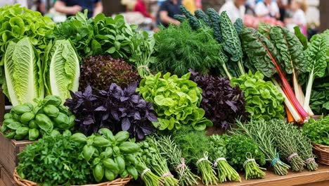 vibrant display of fresh greens: a colorful array of vegetables and herbs at a local market, showcasing nature's bounty and abundant harvest