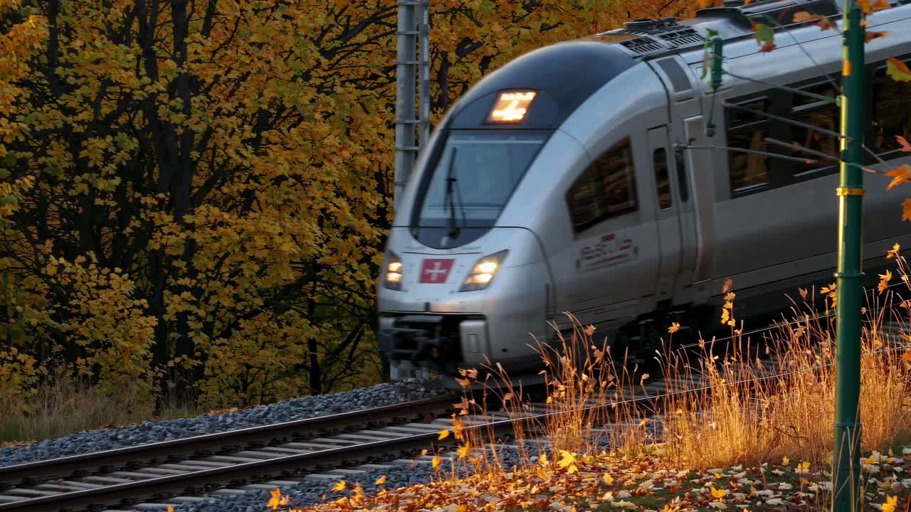 A dynamic video still of a modern train captured from a low angle, set against a backdrop of vibrant