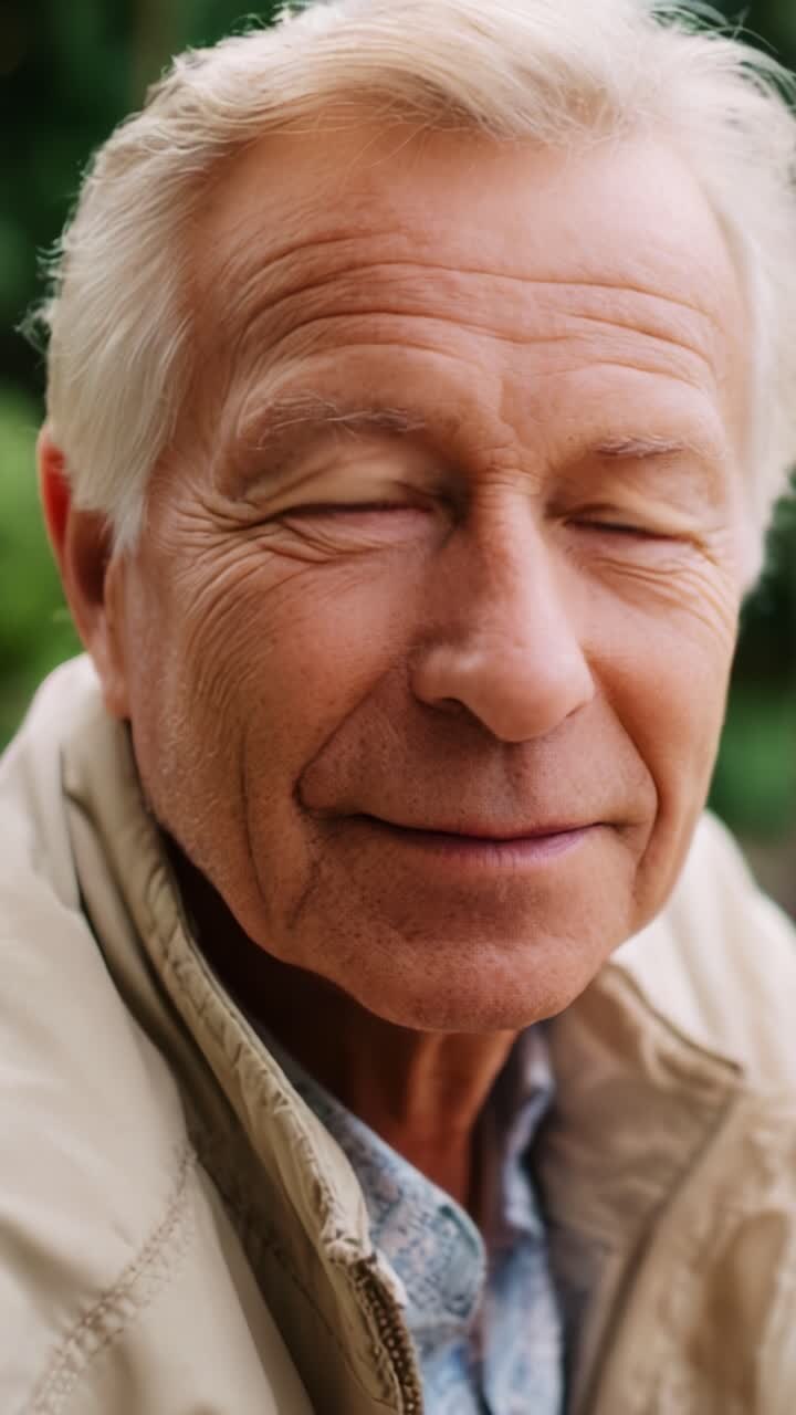 Un uomo anziano e riflessivo con un sorriso gentile e un comportamento cordiale, che mette in mostra la bellezza dell'invecchiamento e il personaggio che deriva da una vita di esperienze