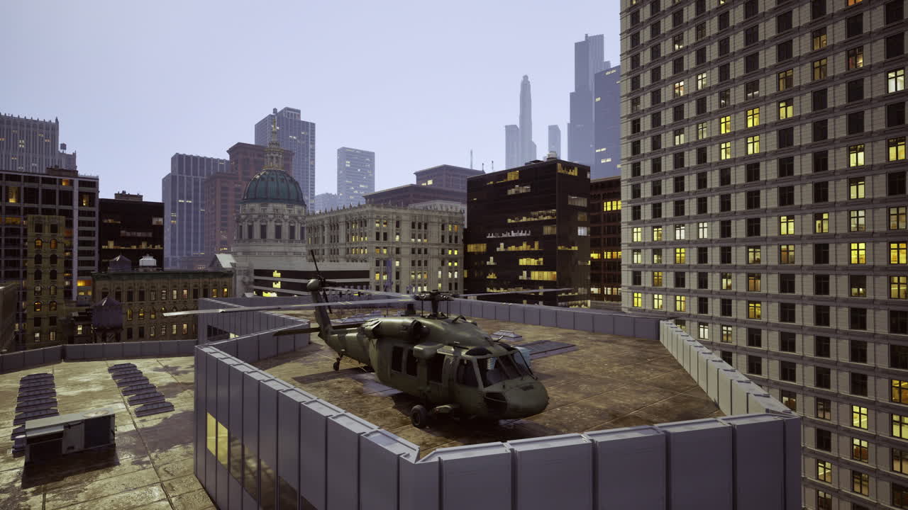 헬리터 는 어두워지면서 도시 지붕 위 에 있으며, 배경 에는 마천루 가 있다