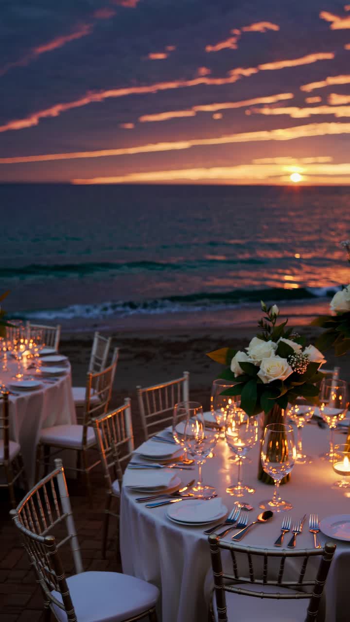 Configuração elegante de casamento à beira-mar ao pôr do sol, com rosas brancas e velas