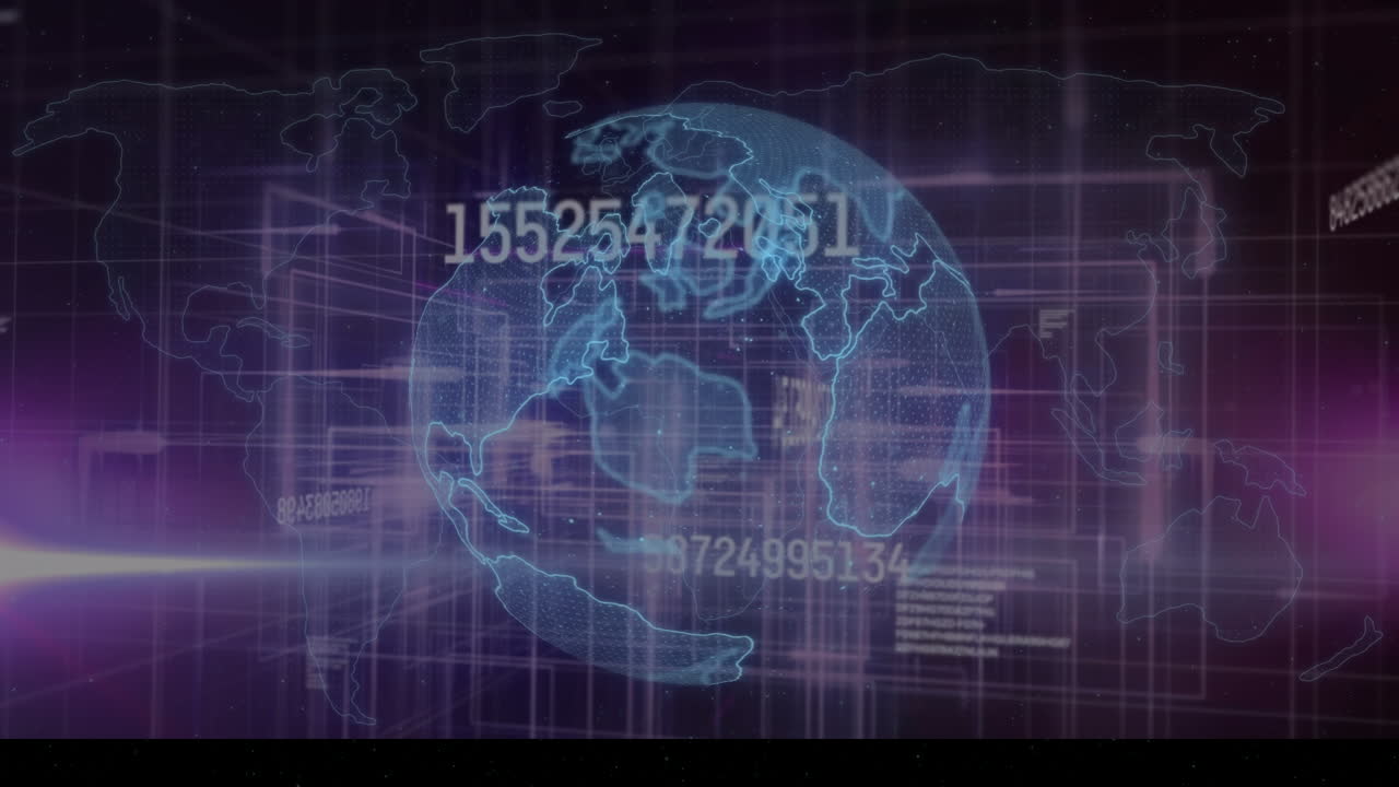 Animation of globe with numbers on futuristic digital interface